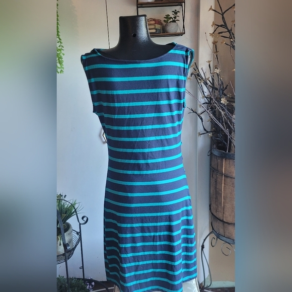 Pure Alfred Sung Green and Blue Striped Dress L - Picture 3 of 6